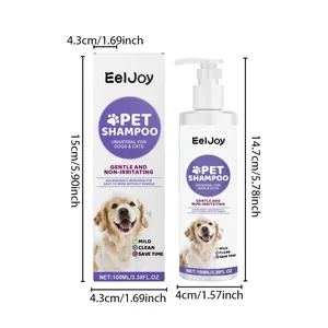 Detaillierte Maßangaben für die 100ml EelJoy Tiershampoo-Flasche und die Verpackung.