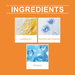 Ingredient detail of cat nutrition drops with flaxseed oil, pumpkin seed powder, and vitamins.