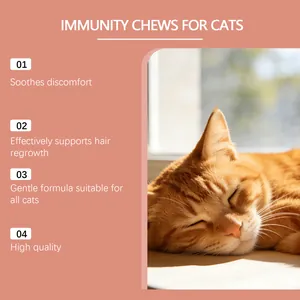 Serene orange cat resting next to a list of feline immunity chew product benefits