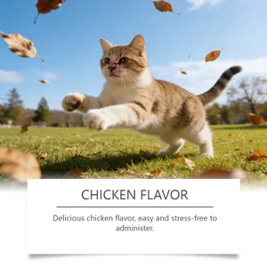 Lively lifestyle scene of a cat in park for chicken flavor cat nutritional drops.