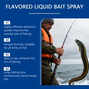 Spray d'appât liquide Kriath efficace montré avec un pêcheur attrapant un poisson.