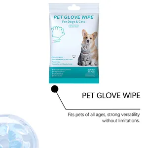 Vista detallada de guantes de limpieza para mascotas con empaque y macro textura hidratante