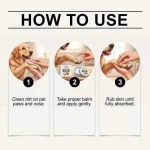 Guide d'utilisation du baume pour pattes et truffe d'animaux montrant les étapes d'application
