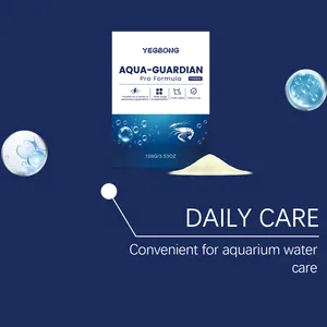 Detailansicht von Aquarium-Wasserklärungspulver mit Verpackung für die tägliche Pflege