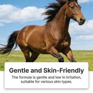 Cavallo bruno che corre nel pascolo verde, sottolineando la formula delicata della cura.