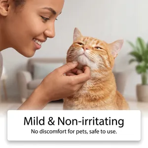 Detail view of a cat receiving chin cleaning care with mild and non-irritating wipes