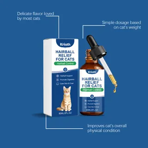 Detail view of Kriath hairball relief for cats supplement packaging and dropper bottle.