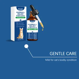 Detail of Kriath cat hairball relief drops showing packaging and dropper bottle.