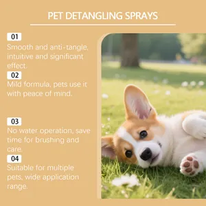 Detalle del spray desenredante para mascotas con un lindo cachorro al aire libre