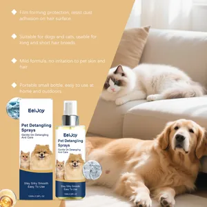 Vista detallada del spray desenredante para mascotas EelJoy con texto de beneficios