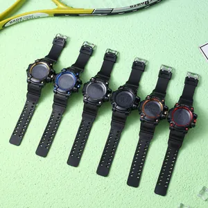 Six colorful men's waterproof digital sport watches displayed for outdoor activities.