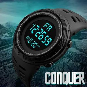 Mens black digital sports watch with large LED screen and blue backlight multifunctional watch