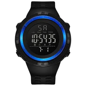 Front view of a black digital sports watch with blue bezel and luminous display