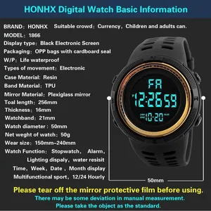 Detailed technical specifications and features overview of the HONHX digital sports watch