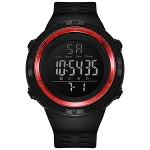 Close-up front view of a black digital sports watch for men with a red accent bezel