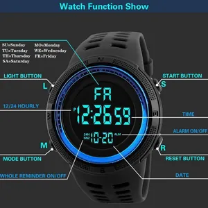 Detail diagram showing functions of men's digital sports watch with backlight display.