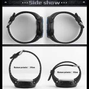 Side view and adjustable strap perimeter range details of this digital sports watch