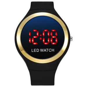 Detailed front view of a stylish black and gold LED digital watch for kids and students.