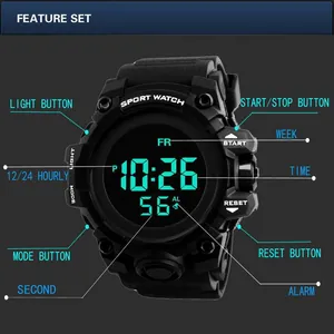 Detailed diagram of multifunctional digital sport watch features and button layout