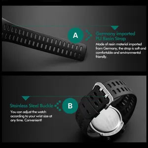 Detailed view of the German PU resin strap and stainless steel buckle of the sports watch