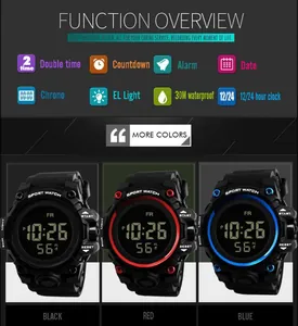 Detailed feature overview of sports digital watch showing waterproof and alarm functions