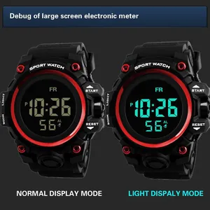 Detail view of men's sports electronic watch showing normal and luminous display modes
