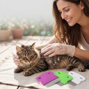 Detailed view of three stainless steel flea combs for pets in purple, green, and white.