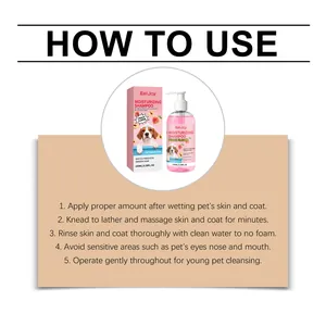 Gedetailleerde 5-stappeninstructies voor gebruik van EelJoy perzik huisdiershampoo.