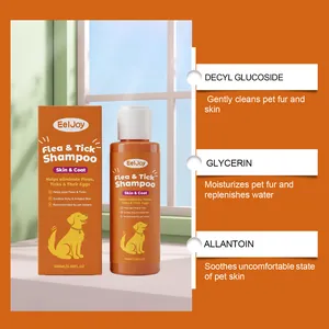Detalle del champú EelJoy contra pulgas y garrapatas con glicerina y alantoína.