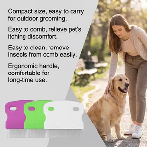 Detail view of colorful stainless steel flea combs for pet grooming in outdoor settings