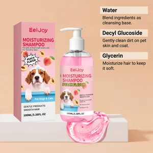 Detail van EelJoy hydraterende huisdiershampoo perzik met roze geltextuur en ingrediënten