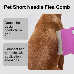Close-up of a purple pet flea comb with fine steel needles grooming a dog's brown fur