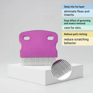 Macro detail of stainless steel pins on a purple pet flea comb with grooming benefits.