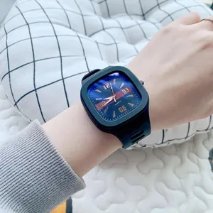Detail view of a stylish square quartz watch featuring a vibrant Klein blue dial face.