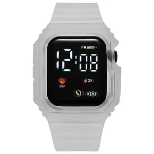 Close-up detail of a white square LED digital watch with heart rate and step tracker display