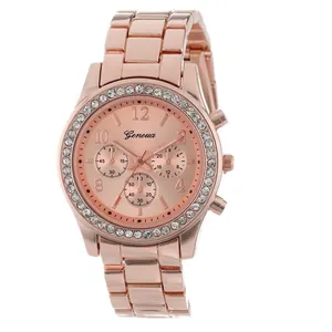 Luxuriöse Geneva Armbanduhr in Roségold mit glitzernder Strass-Lünette für Damen
