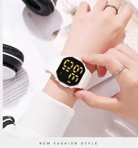 Close-up of white waterproof LED digital sports watch worn on wrist with fashion styling