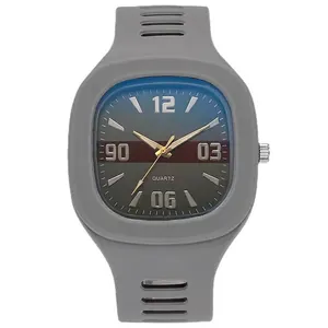 Elegante reloj de cuarzo cuadrado gris con correa de silicona minimalista para uso diario