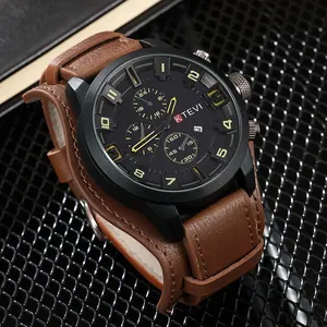 Reloj deportivo de cuarzo para hombre con esfera grande, correa de cuero marrón y negro