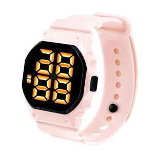 Minimalist pink square LED digital sports watch with large orange display for students