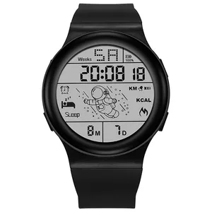 Detailed view of digital sports watch face with astronaut illustration and data display.