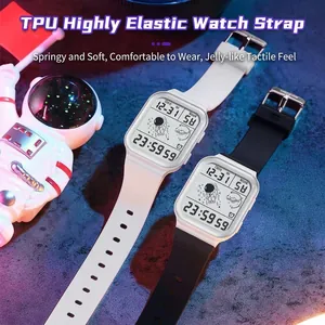 Detailed view of the astronaut-themed digital watch with luminous display and silicone strap