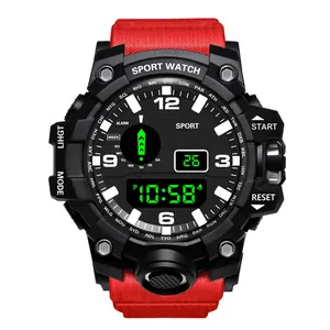Montre numérique sport homme avec bracelet nylon rouge et affichage lumineux