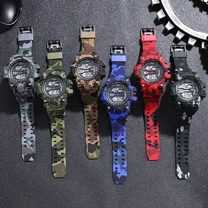 Array of camouflage sport watches in various colors shown on a dark textured background