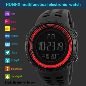 Detailed layout of HONHX black electronic sports watch showing multi-function features