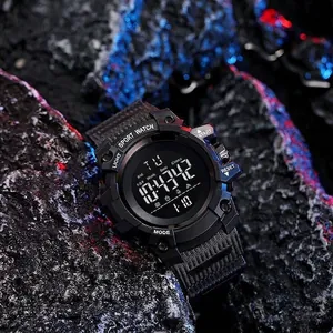 Black multi-functional waterproof digital sports watch with large dial and rugged strap