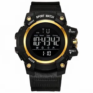 Large dial men's waterproof digital sports watch with multi-functional display and gold trim