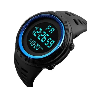 Close-up of a black and blue men's digital sports watch with alarm and waterproof features