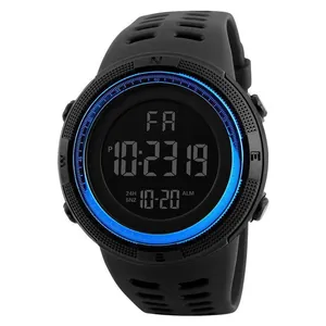 Detailed view of men's digital sports watch with large display and blue inner ring
