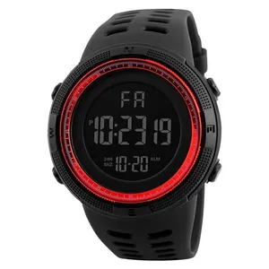 Close-up detail of a men's rugged sports digital watch with large LCD and red ring